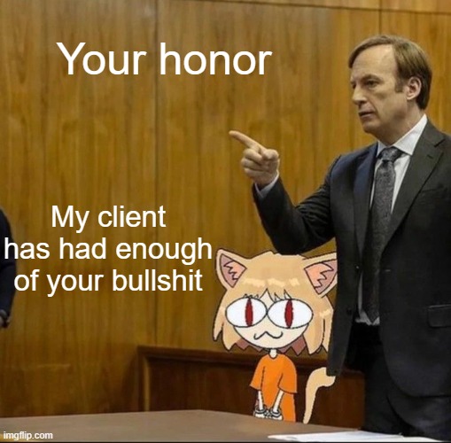 Saul goodman defending neco arc In court | Your honor My client has had enough of your bullshit | image tagged in saul goodman defending neco arc in court | made w/ Imgflip meme maker