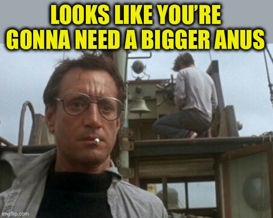 We're gonna need a bigger boat | LOOKS LIKE YOU’RE GONNA NEED A BIGGER ANUS | image tagged in we're gonna need a bigger boat | made w/ Imgflip meme maker