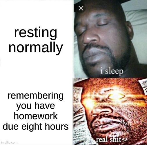 Sleeping Shaq Meme | resting normally; remembering you have homework due eight hours | image tagged in memes,sleeping shaq | made w/ Imgflip meme maker