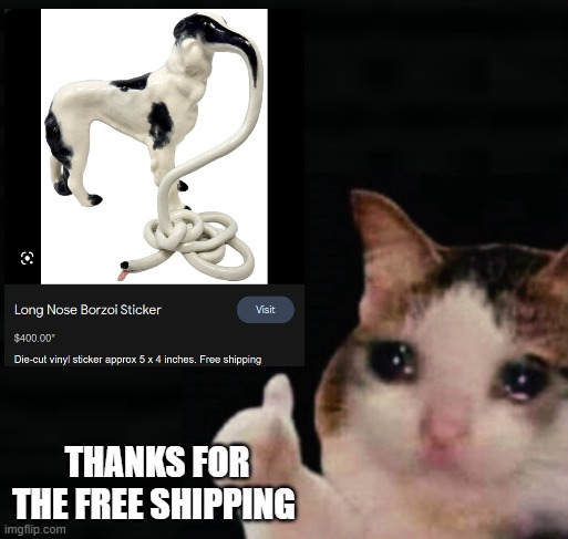 would you buy this for the bois?? | THANKS FOR THE FREE SHIPPING | image tagged in memes,funny memes,borzoi,dog,cat | made w/ Imgflip meme maker