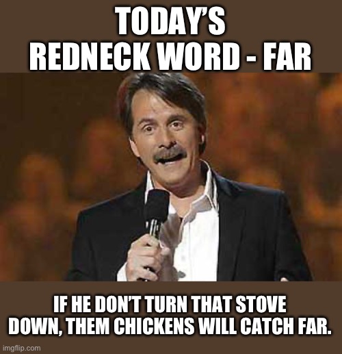 Far | TODAY’S REDNECK WORD - FAR; IF HE DON’T TURN THAT STOVE DOWN, THEM CHICKENS WILL CATCH FAR. | image tagged in jeff foxworthy you might be a redneck | made w/ Imgflip meme maker