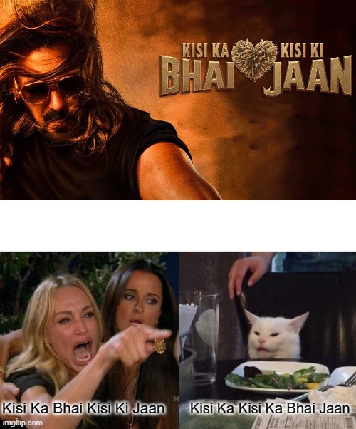 Kisi ka bhai kisi ki jaan (Salman Khan) | Kisi Ka Bhai Kisi Ki Jaan; Kisi Ka Kisi Ka Bhai Jaan | image tagged in memes,woman yelling at cat | made w/ Imgflip meme maker