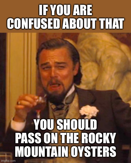 Laughing Leo Meme | IF YOU ARE CONFUSED ABOUT THAT YOU SHOULD PASS ON THE ROCKY MOUNTAIN OYSTERS | image tagged in memes,laughing leo | made w/ Imgflip meme maker