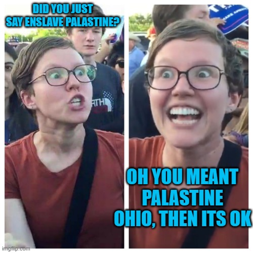 sjw FREAK | DID YOU JUST SAY ENSLAVE PALASTINE? OH YOU MEANT PALASTINE OHIO, THEN ITS OK | image tagged in social justice warrior hypocrisy | made w/ Imgflip meme maker