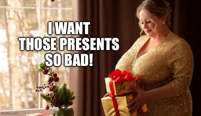 Xmas | I WANT THOSE PRESENTS SO BAD! | image tagged in big boobs | made w/ Imgflip meme maker