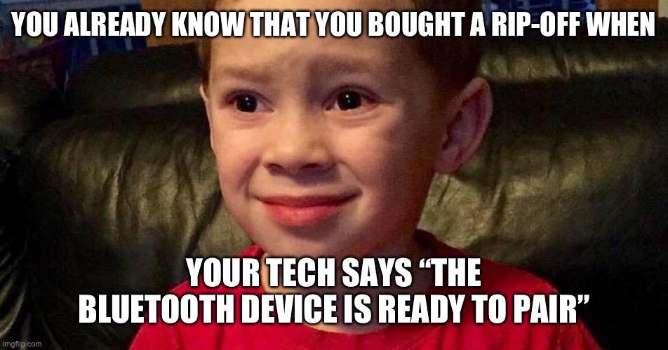 Screwed up face meme  | YOU ALREADY KNOW THAT YOU BOUGHT A RIP-OFF WHEN; YOUR TECH SAYS “THE BLUETOOTH DEVICE IS READY TO PAIR” | image tagged in screwed up face meme | made w/ Imgflip meme maker