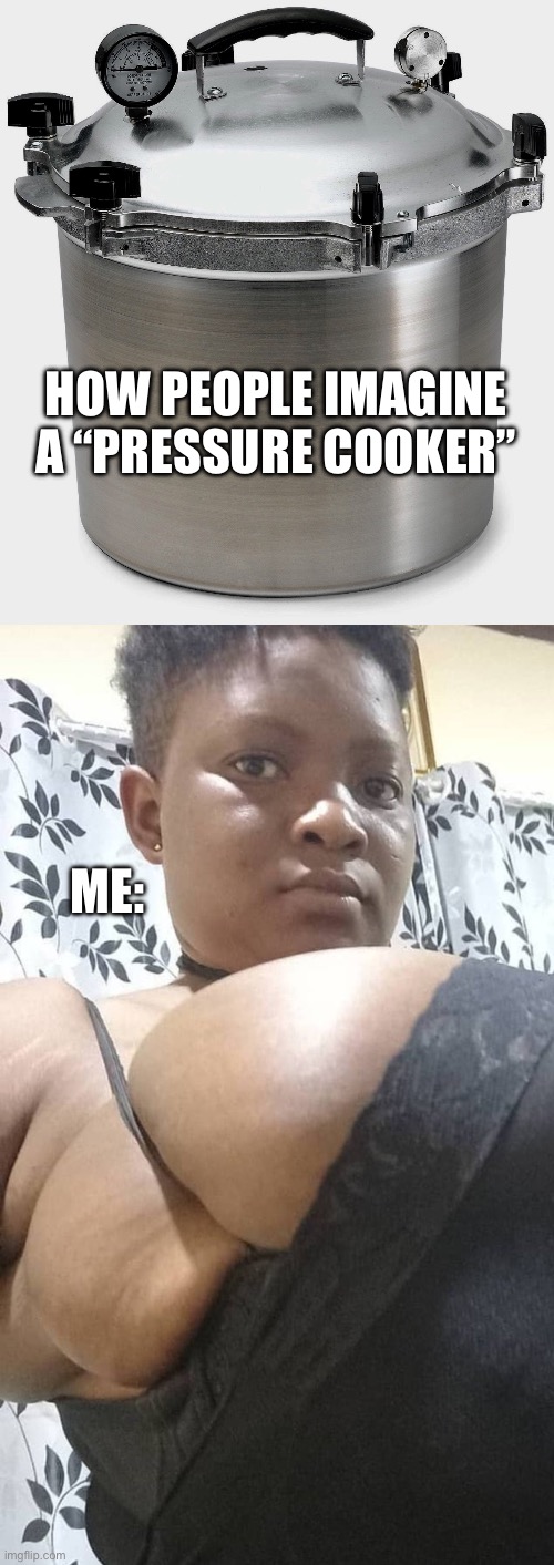 Lol | HOW PEOPLE IMAGINE A “PRESSURE COOKER”; ME: | image tagged in the pressure cooker,big boobs | made w/ Imgflip meme maker