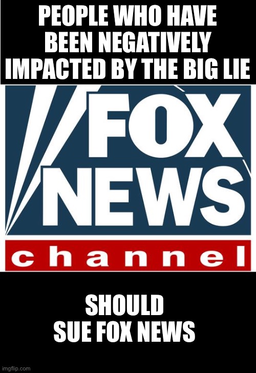 fox news | PEOPLE WHO HAVE BEEN NEGATIVELY IMPACTED BY THE BIG LIE; SHOULD SUE FOX NEWS | image tagged in fox news | made w/ Imgflip meme maker