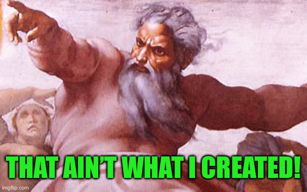 Angry God | THAT AIN’T WHAT I CREATED! | image tagged in angry god | made w/ Imgflip meme maker