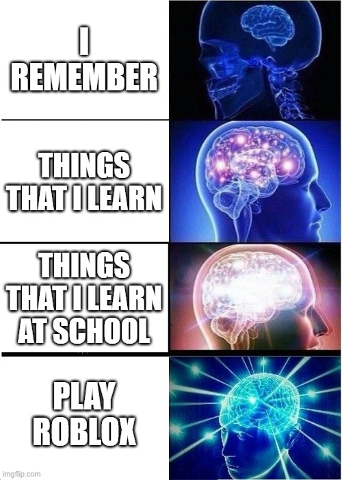 When I study | I REMEMBER; THINGS THAT I LEARN; THINGS THAT I LEARN AT SCHOOL; PLAY ROBLOX | image tagged in memes,expanding brain | made w/ Imgflip meme maker