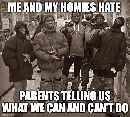 All My Homies Hate | ME AND MY HOMIES HATE; PARENTS TELLING US WHAT WE CAN AND CAN’T DO | image tagged in all my homies hate | made w/ Imgflip meme maker