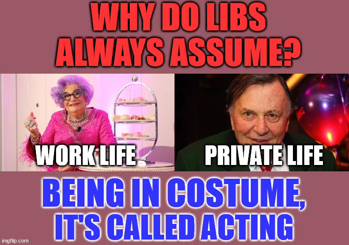 Why do libs always assume? | WHY DO LIBS ALWAYS ASSUME? WORK LIFE; PRIVATE LIFE; BEING IN COSTUME, IT'S CALLED ACTING | image tagged in acting,comedian,satire | made w/ Imgflip meme maker
