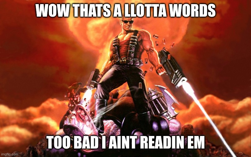 Duke Nukem | WOW THATS A LLOTTA WORDS; TOO BAD I AINT READIN EM | image tagged in duke nukem | made w/ Imgflip meme maker