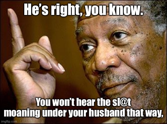 This Morgan Freeman | He’s right, you know. You won’t hear the sl@t moaning under your husband that way, | image tagged in this morgan freeman | made w/ Imgflip meme maker