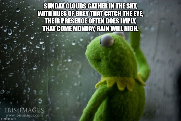 kermit window | SUNDAY CLOUDS GATHER IN THE SKY,
WITH HUES OF GREY THAT CATCH THE EYE,
THEIR PRESENCE OFTEN DOES IMPLY,
THAT COME MONDAY, RAIN WILL NIGH. SUNDAY CLOUDS, WITH THEIR GENTLE GRACE,
PROMISE RELIEF FROM SUMMER'S FIERY BLAZE,
FOR AS THEY GATHER IN THEIR PEACEFUL PACE,
MONDAY'S HEALING RAIN BRINGS LIFE ANEW TO THE PLACE. | image tagged in kermit window | made w/ Imgflip meme maker