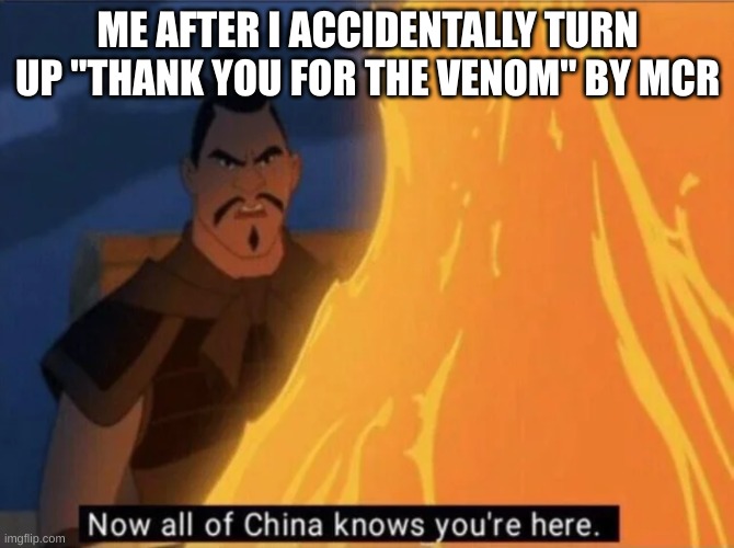 I just did this... Woops. | ME AFTER I ACCIDENTALLY TURN UP "THANK YOU FOR THE VENOM" BY MCR | image tagged in now all of china knows you're here,mcr | made w/ Imgflip meme maker