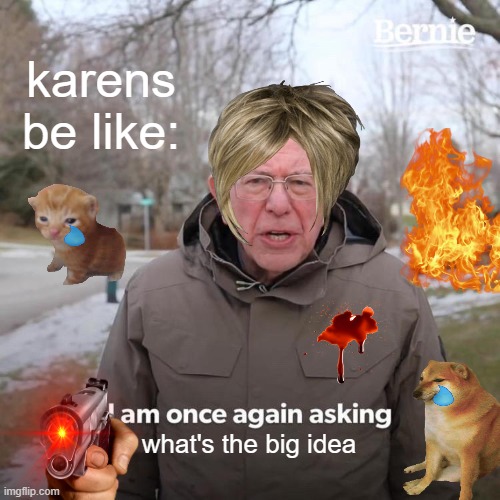 Bernie I Am Once Again Asking For Your Support | karens be like:; what's the big idea | image tagged in memes,bernie i am once again asking for your support | made w/ Imgflip meme maker