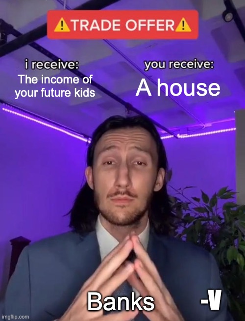 Trade Offer | The income of your future kids; A house; -V; Banks | image tagged in trade offer | made w/ Imgflip meme maker