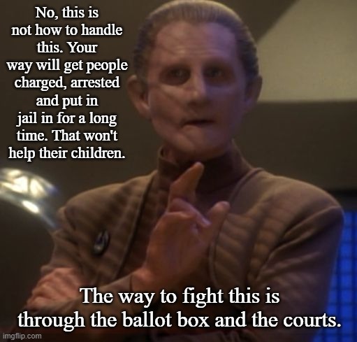 wise odo | No, this is not how to handle this. Your way will get people charged, arrested and put in jail in for a long time. That won't help their chi | image tagged in wise odo | made w/ Imgflip meme maker
