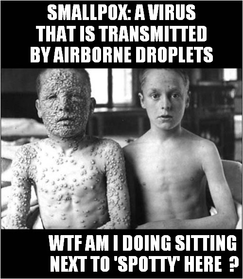 The One On The Right Has Questions ! | SMALLPOX: A VIRUS THAT IS TRANSMITTED BY AIRBORNE DROPLETS; WTF AM I DOING SITTING
 NEXT TO 'SPOTTY' HERE  ? | image tagged in smallpox,photos,questions,dark humour | made w/ Imgflip meme maker