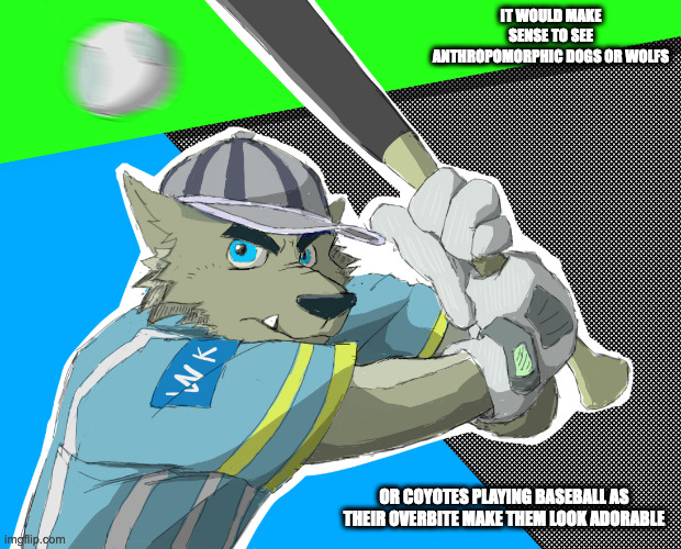 Furry Playing Baseball (Credit to peter7218 From DeviantArt) | IT WOULD MAKE SENSE TO SEE ANTHROPOMORPHIC DOGS OR WOLFS; OR COYOTES PLAYING BASEBALL AS THEIR OVERBITE MAKE THEM LOOK ADORABLE | image tagged in furry,memes,baseball | made w/ Imgflip meme maker