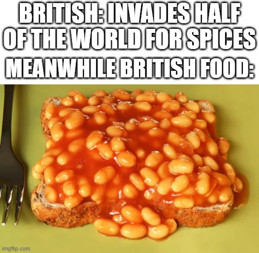 British food | BRITISH: INVADES HALF OF THE WORLD FOR SPICES; MEANWHILE BRITISH FOOD: | image tagged in beans on toast | made w/ Imgflip meme maker