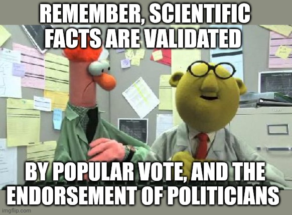 muppets  | REMEMBER, SCIENTIFIC FACTS ARE VALIDATED; BY POPULAR VOTE, AND THE ENDORSEMENT OF POLITICIANS | image tagged in muppets | made w/ Imgflip meme maker