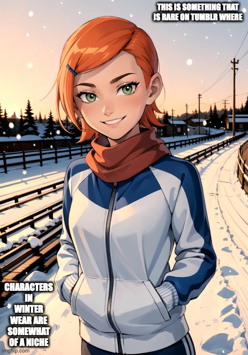 Gwen Tennyson in the Winter | THIS IS SOMETHING THAT IS RARE ON TUMBLR WHERE; CHARACTERS IN WINTER WEAR ARE SOMEWHAT OF A NICHE | image tagged in ben 10,gwen tennyson,memes | made w/ Imgflip meme maker
