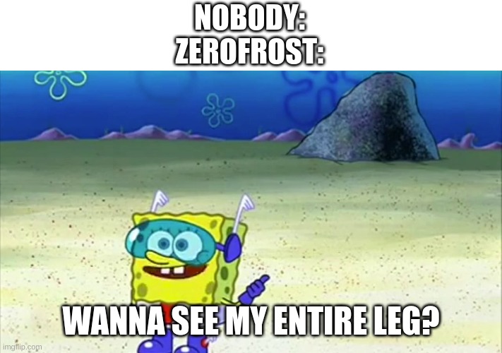 no. no i do not. | NOBODY:
ZEROFROST:; WANNA SEE MY ENTIRE LEG? | image tagged in spongebob wanna see me do it again,zerofrost | made w/ Imgflip meme maker