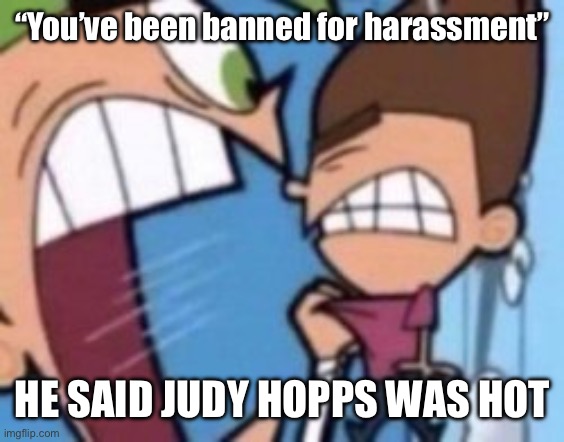 Fairly Odd Parents yell | “You’ve been banned for harassment”; HE SAID JUDY HOPPS WAS HOT | image tagged in fairly odd parents yell | made w/ Imgflip meme maker