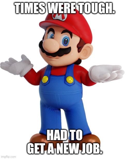 Mario shrug | TIMES WERE TOUGH. HAD TO GET A NEW JOB. | image tagged in mario shrug | made w/ Imgflip meme maker