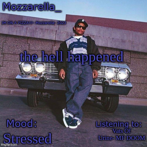 Eazy-E Temp | the hell happened; Vats Of Urine- MF DOOM; Stressed | image tagged in eazy-e temp | made w/ Imgflip meme maker