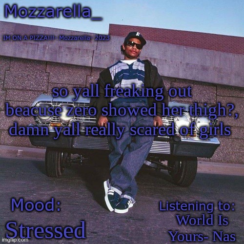 Eazy-E Temp | so yall freaking out beacuse zero showed her thigh?, damn yall really scared of girls; World Is Yours- Nas; Stressed | image tagged in eazy-e temp | made w/ Imgflip meme maker