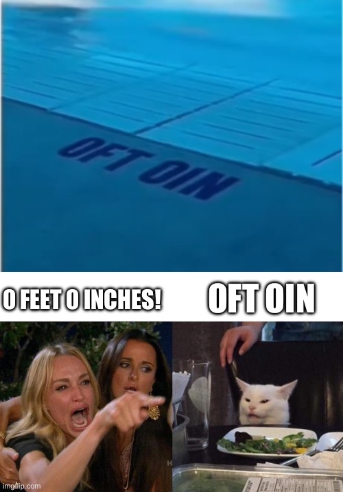 It’s definitely Oft Oin | 0 FEET 0 INCHES! OFT OIN | image tagged in memes,woman yelling at cat | made w/ Imgflip meme maker