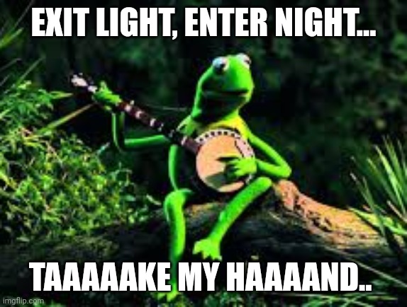 Kermit The Frog | EXIT LIGHT, ENTER NIGHT... TAAAAAKE MY HAAAAND.. | image tagged in kermit the frog | made w/ Imgflip meme maker