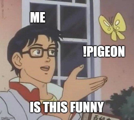 !pigeon @imgflip | ME; !PIGEON; IS THIS FUNNY | image tagged in memes,is this a pigeon | made w/ Imgflip meme maker