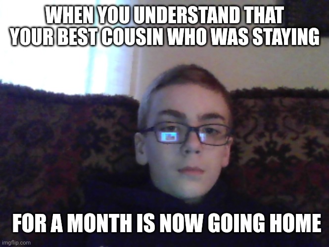 Felt bad | WHEN YOU UNDERSTAND THAT YOUR BEST COUSIN WHO WAS STAYING; FOR A MONTH IS NOW GOING HOME | image tagged in couch kid,brothers | made w/ Imgflip meme maker