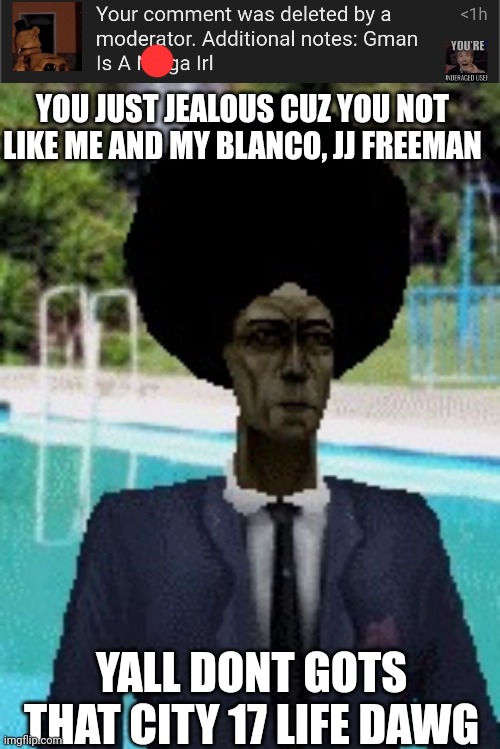 YOU JUST JEALOUS CUZ YOU NOT LIKE ME AND MY BLANCO, JJ FREEMAN; YALL DONT GOTS THAT CITY 17 LIFE DAWG | image tagged in afro gman | made w/ Imgflip meme maker