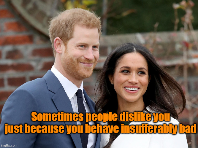 Prince Harry and Meghan | Sometimes people dislike you just because you behave insufferably bad | image tagged in prince harry and meghan | made w/ Imgflip meme maker
