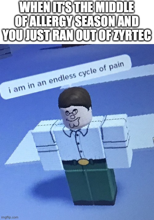 please send help | WHEN IT'S THE MIDDLE OF ALLERGY SEASON AND YOU JUST RAN OUT OF ZYRTEC | image tagged in i am in an endless cycle of pain | made w/ Imgflip meme maker