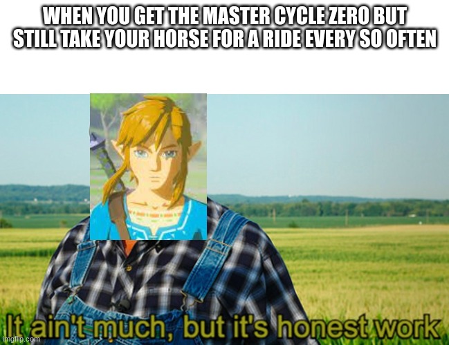 *neigh* thank you link *neigh* | WHEN YOU GET THE MASTER CYCLE ZERO BUT STILL TAKE YOUR HORSE FOR A RIDE EVERY SO OFTEN | image tagged in it ain't much but it's honest work,memes,botw | made w/ Imgflip meme maker