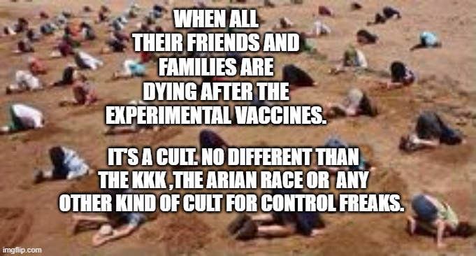 Head in the sand | WHEN ALL THEIR FRIENDS AND FAMILIES ARE DYING AFTER THE EXPERIMENTAL VACCINES. IT'S A CULT. NO DIFFERENT THAN THE KKK ,THE ARIAN RACE OR  ANY OTHER KIND OF CULT FOR CONTROL FREAKS. | image tagged in head in the sand | made w/ Imgflip meme maker