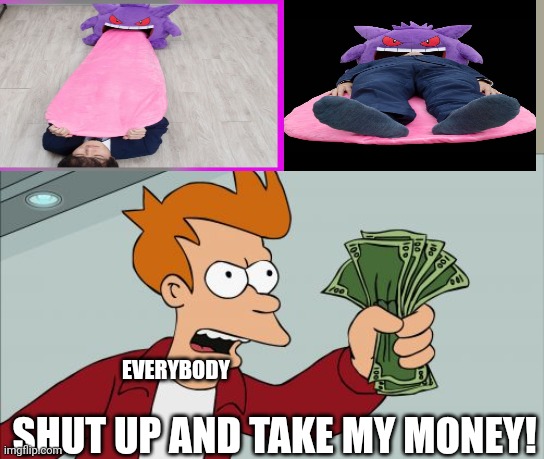 Now THIS Is what i call a bed | EVERYBODY; SHUT UP AND TAKE MY MONEY! | image tagged in memes,shut up and take my money fry,pokemon,bed | made w/ Imgflip meme maker