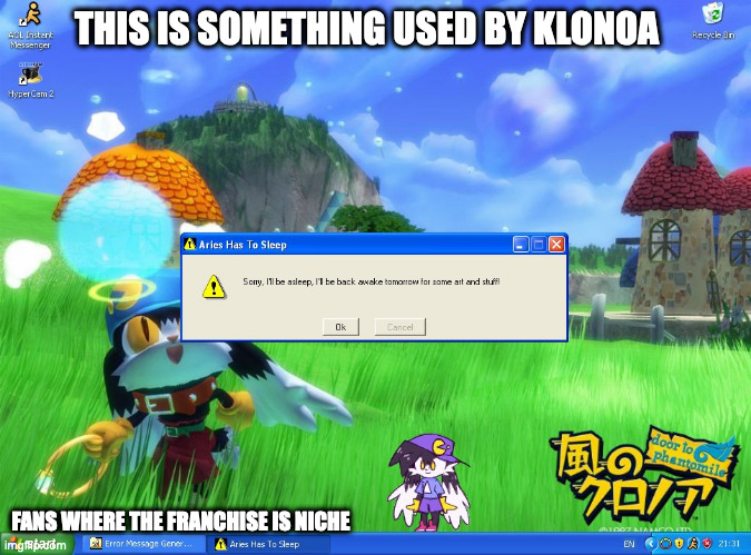 Windows XP With Klonoa Wallpaper | THIS IS SOMETHING USED BY KLONOA; FANS WHERE THE FRANCHISE IS NICHE | image tagged in computer,klonoa,memes | made w/ Imgflip meme maker