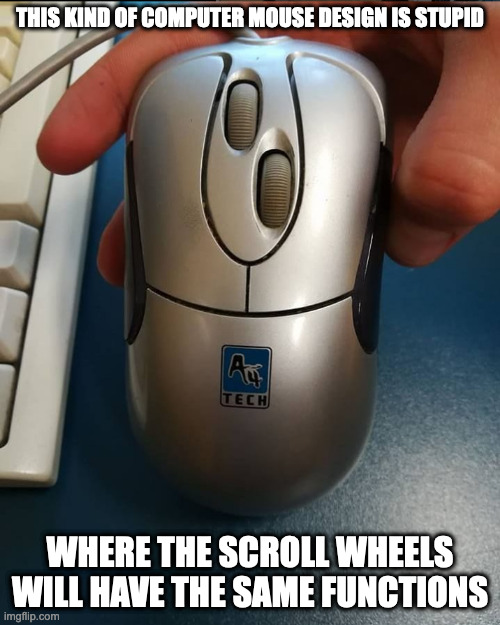 Computer Mouse With Two Scroll Wheels | THIS KIND OF COMPUTER MOUSE DESIGN IS STUPID; WHERE THE SCROLL WHEELS WILL HAVE THE SAME FUNCTIONS | image tagged in computer,mouse,memes | made w/ Imgflip meme maker