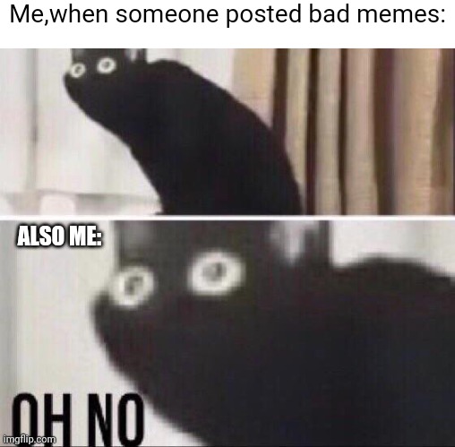 Oh no cat | Me,when someone posted bad memes:; ALSO ME: | image tagged in oh no cat | made w/ Imgflip meme maker