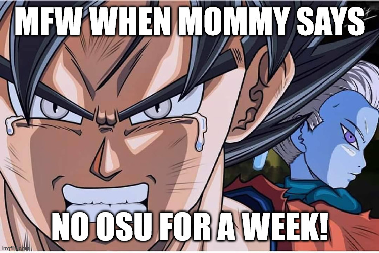 WAAAAAAAAAAAAAAAAAAAA!!!!!!!!!!! | MFW WHEN MOMMY SAYS; NO OSU FOR A WEEK! | image tagged in osu tragedic | made w/ Imgflip meme maker