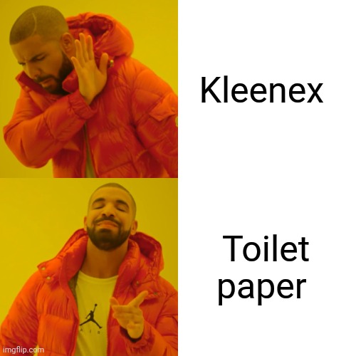 Toilet paper is usually what I have to blow my nose with | Kleenex; Toilet paper | image tagged in memes,drake hotline bling | made w/ Imgflip meme maker