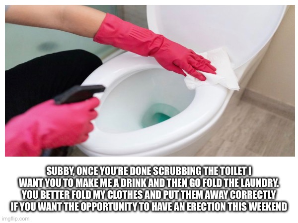 SUBBY, ONCE YOU’RE DONE SCRUBBING THE TOILET I WANT YOU TO MAKE ME A DRINK AND THEN GO FOLD THE LAUNDRY. YOU BETTER FOLD MY CLOTHES AND PUT THEM AWAY CORRECTLY IF YOU WANT THE OPPORTUNITY TO HAVE AN ERECTION THIS WEEKEND | made w/ Imgflip meme maker