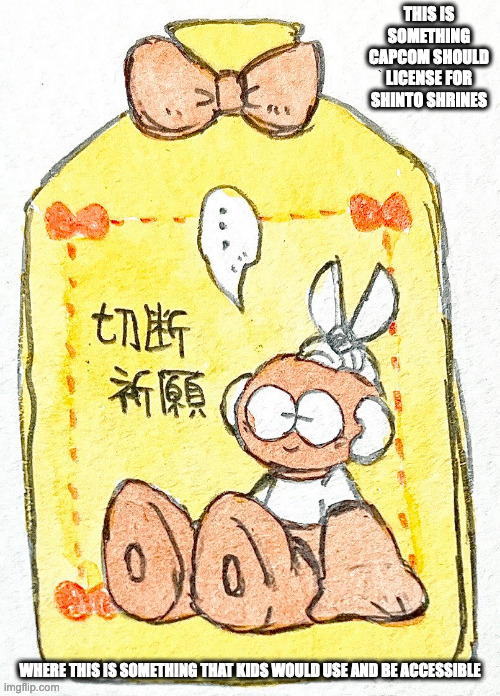 Cut Man Omamori Amulet | THIS IS SOMETHING CAPCOM SHOULD LICENSE FOR SHINTO SHRINES; WHERE THIS IS SOMETHING THAT KIDS WOULD USE AND BE ACCESSIBLE | image tagged in cutman,megaman,memes,amulet | made w/ Imgflip meme maker